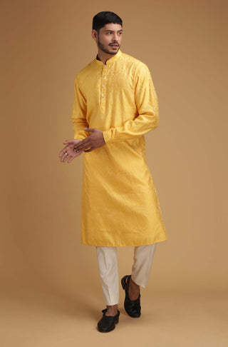 Chatenya Mittal-Yellow Self Kurta-INDIASPOPUP.COM