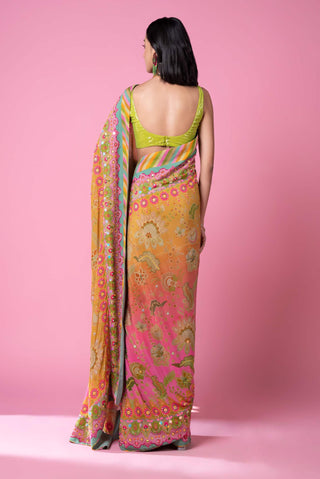 Siddhartha Bansal-Sunset Orange Ombre Embroidered Sari With Blouse-INDIASPOPUP.COM