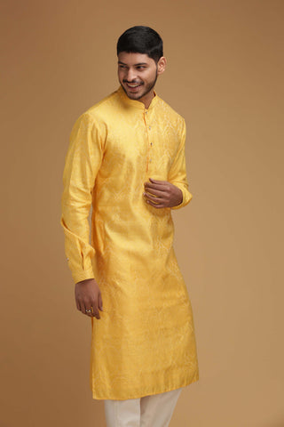 Chatenya Mittal-Yellow Self Kurta-INDIASPOPUP.COM