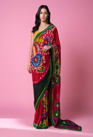 Siddhartha Bansal-Salsa Red Embroidered Sari With Blouse-INDIASPOPUP.COM