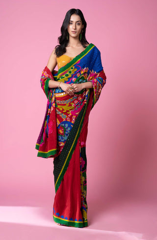 Siddhartha Bansal-Salsa Red Embroidered Sari With Blouse-INDIASPOPUP.COM