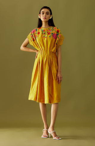Chandrima-Yellow Appliqué Beadwork Pleated Dress-INDIASPOPUP.COM