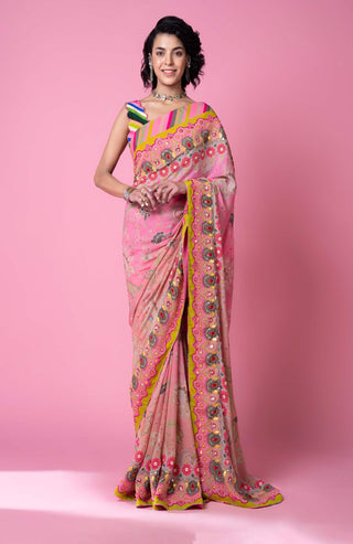 Siddhartha Bansal-Twilight Pink Ombre Embroidered Sari With Blouse-INDIASPOPUP.COM