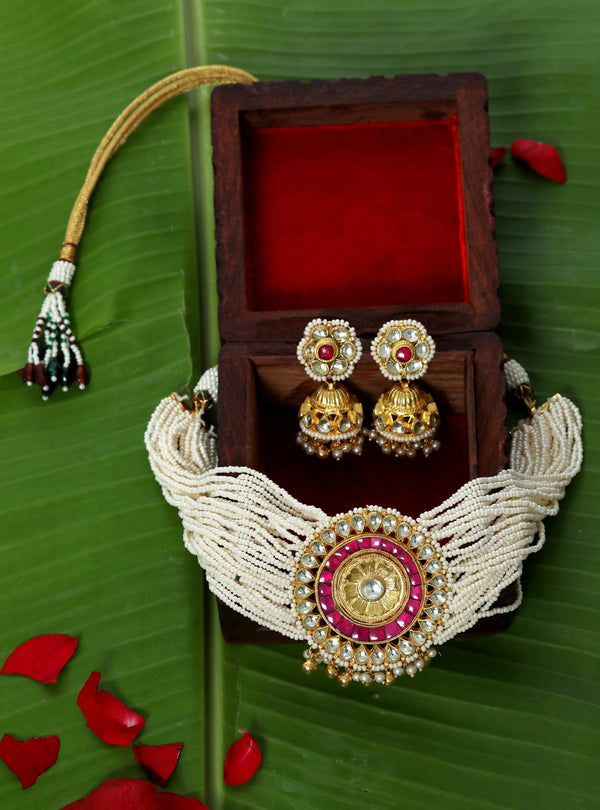 Tizora-Pink Pachi Kundan Choker Set-INDIASPOPUP.COM
