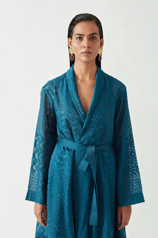 Payal Pratap-Teal Eugene Embroidered Jacket With Belt-INDIASPOPUP.COM