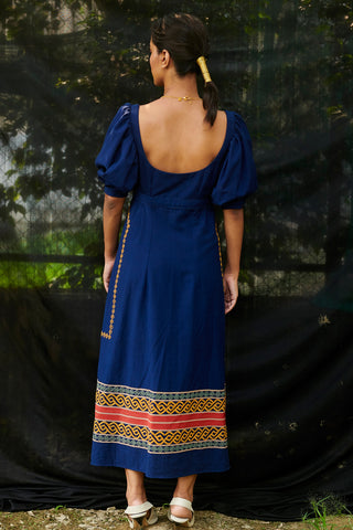 Chandrima-Cobalt Blue Kala Cotton Midi Dress-INDIASPOPUP.COM