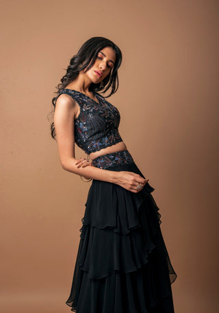 K-Anshika-Black Multiple Layer Skirt & Crop Top-INDIASPOPUP.COM