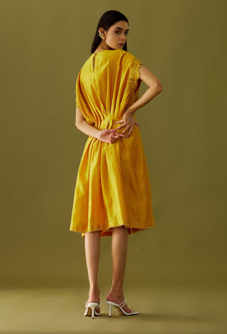 Chandrima-Yellow Appliqué Beadwork Pleated Dress-INDIASPOPUP.COM