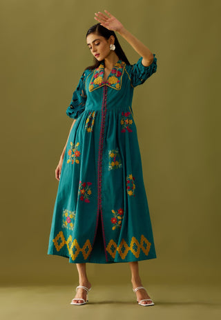 Chandrima-Teal Applique And Beadwork Midi Dress-INDIASPOPUP.COM