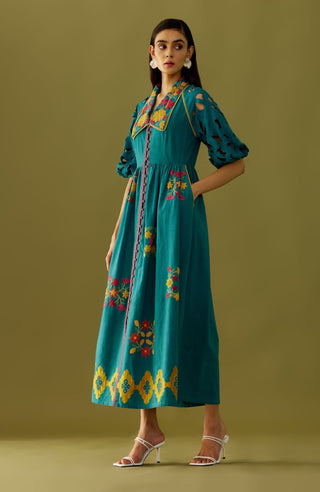 Chandrima-Teal Applique And Beadwork Midi Dress-INDIASPOPUP.COM