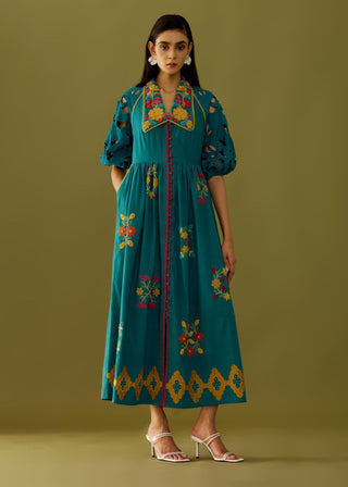 Chandrima-Teal Applique And Beadwork Midi Dress-INDIASPOPUP.COM