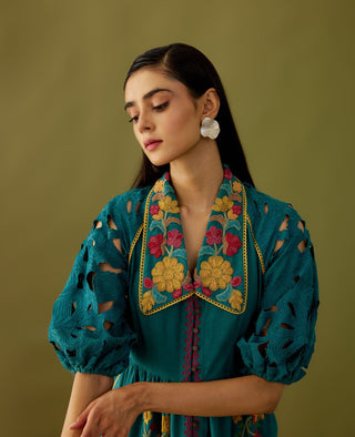 Chandrima-Teal Applique And Beadwork Midi Dress-INDIASPOPUP.COM