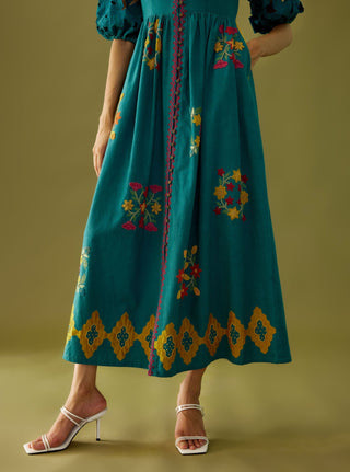 Chandrima-Teal Applique And Beadwork Midi Dress-INDIASPOPUP.COM