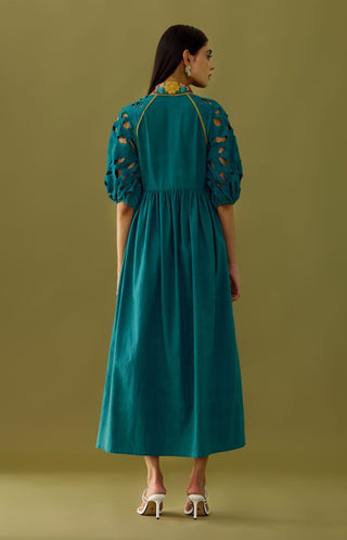 Chandrima-Teal Applique And Beadwork Midi Dress-INDIASPOPUP.COM