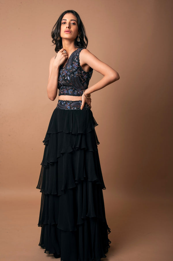 K-Anshika-Black Multiple Layer Skirt & Crop Top-INDIASPOPUP.COM