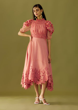 Chandrima-Old Rose Ruched Cutwork Dress-INDIASPOPUP.COM