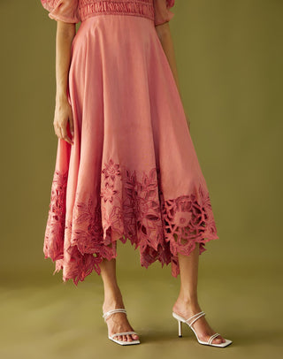 Chandrima-Old Rose Ruched Cutwork Dress-INDIASPOPUP.COM