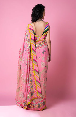 Siddhartha Bansal-Twilight Pink Ombre Embroidered Sari With Blouse-INDIASPOPUP.COM