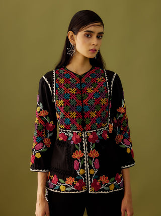 Chandrima-Black Yoke Detail Embroidered Jacket-INDIASPOPUP.COM