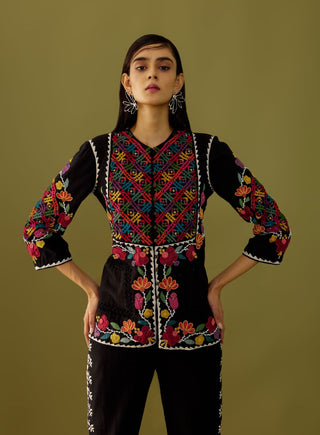 Chandrima-Black Yoke Detail Embroidered Jacket-INDIASPOPUP.COM