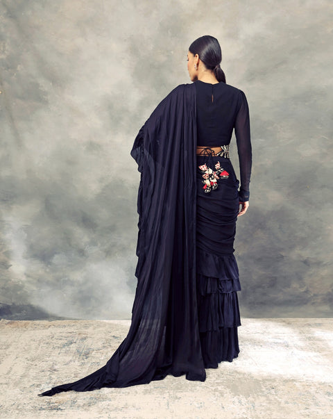 Bhumika Sharma-Black Ruffle Saree With Draped Blouse-INDIASPOPUP.COM