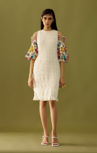 Chandrima-Ivory Cold Shoulder Ruched Dress-INDIASPOPUP.COM