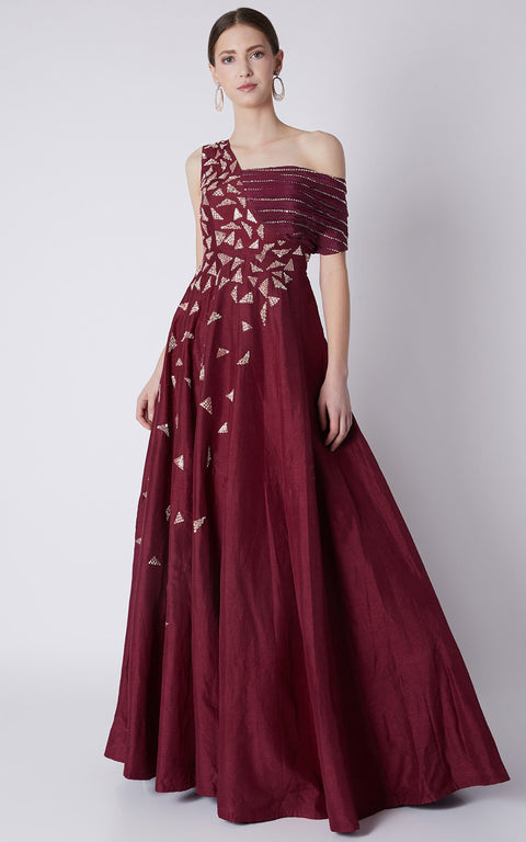 Pink Peacock Couture-Maroon Sequins Embroidered Gown-INDIASPOPUP.COM