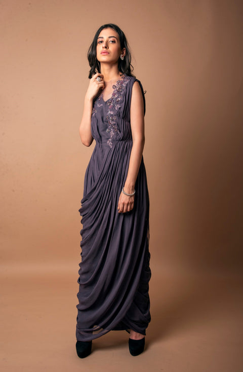 K-Anshika | Violet Draped Saree Gown | INDIASPOPUP.COM