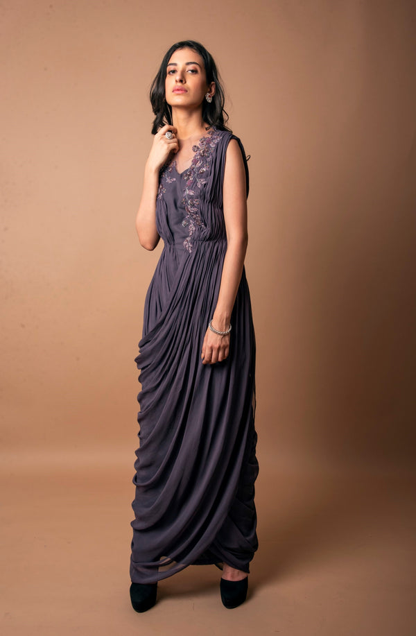 K-Anshika-Violet Draped Saree Gown-INDIASPOPUP.COM