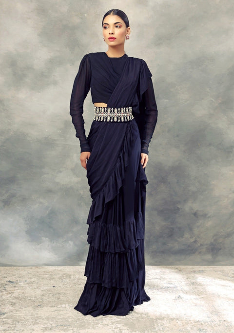 Buy Black Organza Ruffle Saree With Blouse For Women by Rishi & Vibhuti  Online at Aza Fashions.