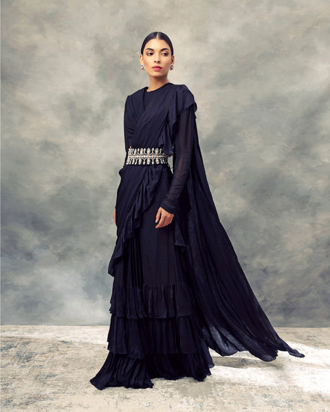 Bhumika Sharma-Black Ruffle Saree With Draped Blouse-INDIASPOPUP.COM