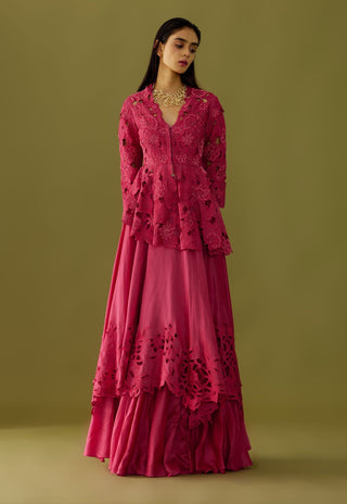 Chandrima-Fuchsia Cutwork Peplum Jacket-INDIASPOPUP.COM