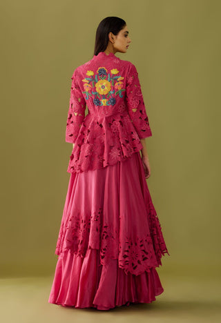 Chandrima-Fuchsia Cutwork Peplum Jacket-INDIASPOPUP.COM