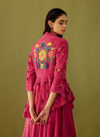 Chandrima-Fuchsia Cutwork Peplum Jacket-INDIASPOPUP.COM