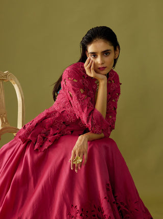 Chandrima-Fuchsia Cutwork Peplum Jacket-INDIASPOPUP.COM