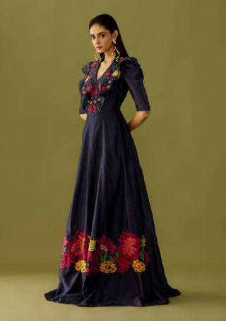 Chandrima-Indigo Floral Appliqué Maxi Dress-INDIASPOPUP.COM