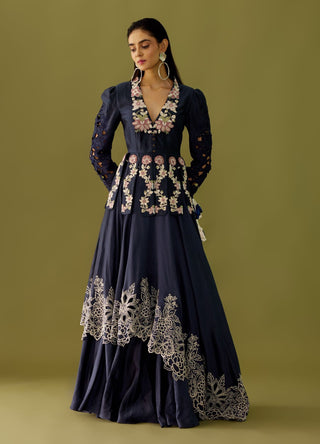 Chandrima-Indigo Assymetyric Cutwork Lehenga-INDIASPOPUP.COM