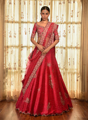 Red Wood Raw Silk Lehenga Set