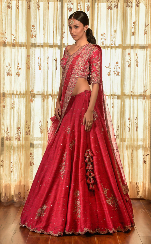 Dolly J-Red Wood Raw Silk Lehenga Set With Tilla Border-INDIASPOPUP.COM