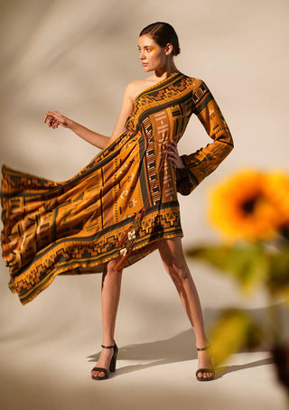 Nikita Mhaisalkar-Mustard Aztec One-Shoulder Dress-INDIASPOPUP.COM