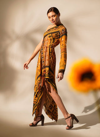 Nikita Mhaisalkar-Mustard Aztec One-Shoulder Dress-INDIASPOPUP.COM