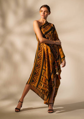 Nikita Mhaisalkar-Mustard Aztec One-Shoulder Dress-INDIASPOPUP.COM