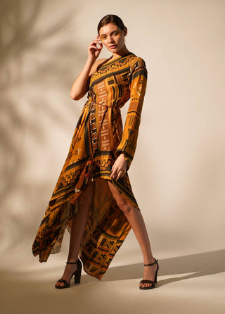 Nikita Mhaisalkar-Mustard Aztec One-Shoulder Dress-INDIASPOPUP.COM