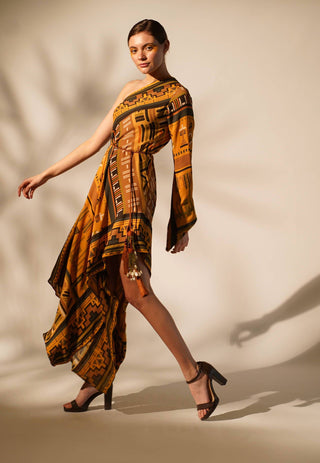 Nikita Mhaisalkar-Mustard Aztec One-Shoulder Dress-INDIASPOPUP.COM