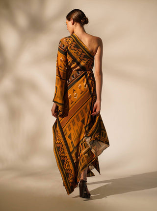 Nikita Mhaisalkar-Mustard Aztec One-Shoulder Dress-INDIASPOPUP.COM