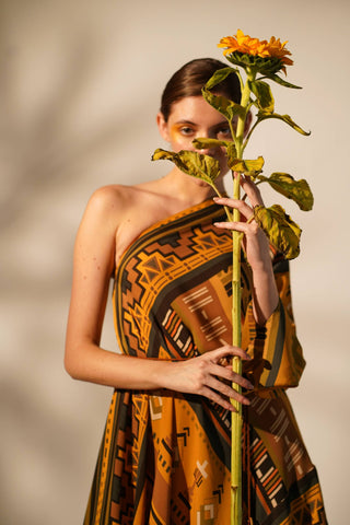 Nikita Mhaisalkar-Mustard Aztec One-Shoulder Dress-INDIASPOPUP.COM