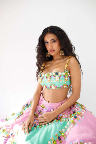 Papa Don'T Preach By Shubhika-Multicolor Denim Lehenga With Bralette-INDIASPOPUP.COM