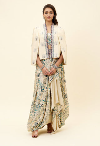 Sva By Sonam And Paras Modi-Beige Draped Skirt With Bustier And Jacket-INDIASPOPUP.COM