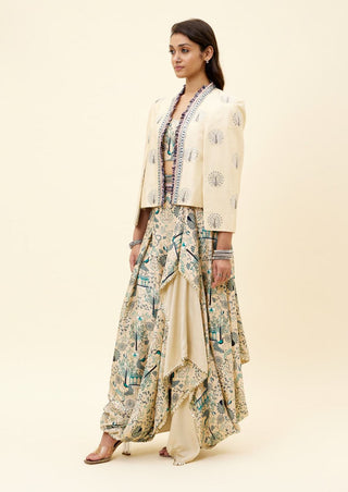Sva By Sonam And Paras Modi-Beige Draped Skirt With Bustier And Jacket-INDIASPOPUP.COM