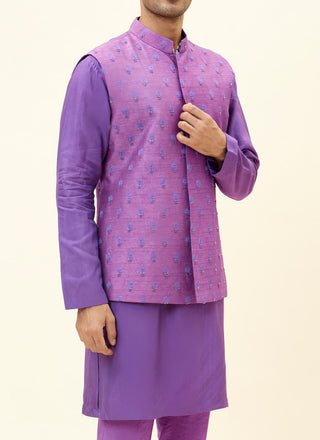 Sva By Sonam And Paras Modi Men-Purple Butti Embroidered Bundi-INDIASPOPUP.COM